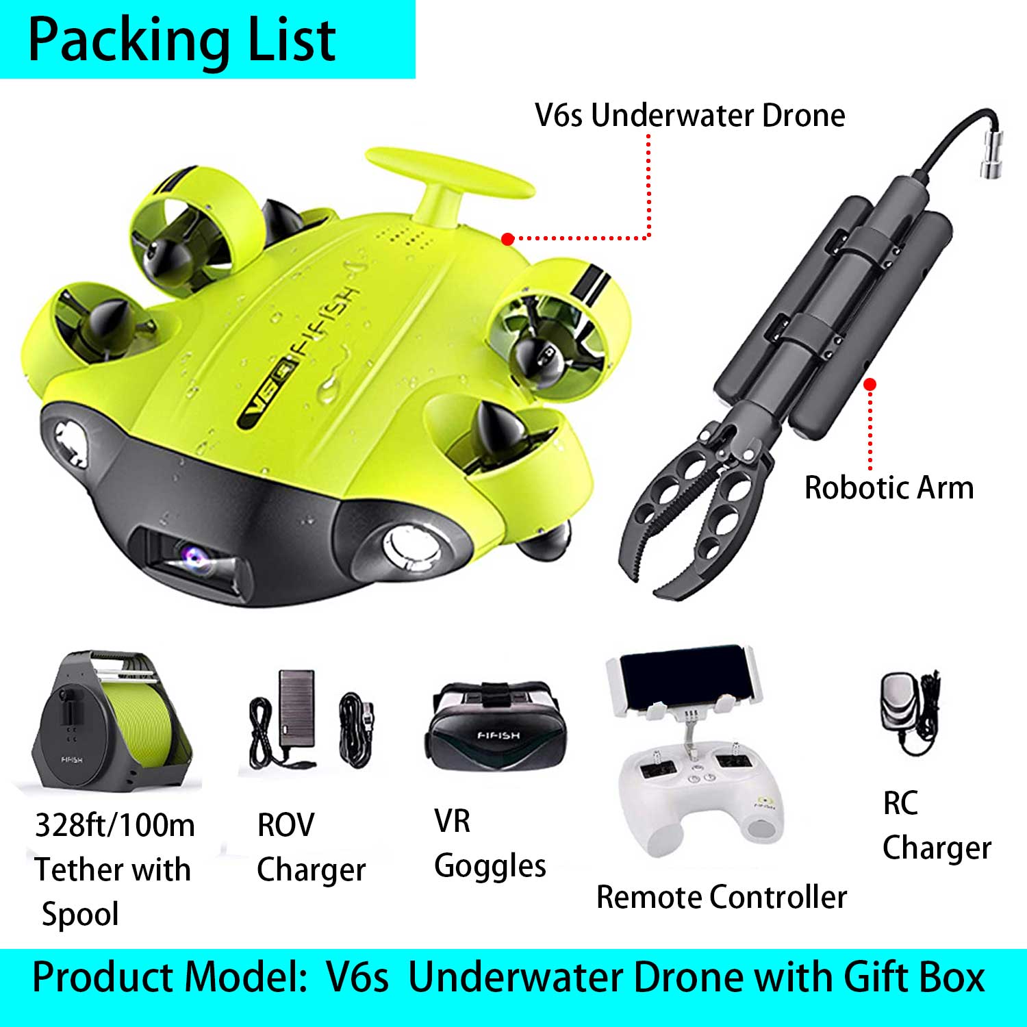 FIFISH V6s Underwater Drone with 4K UHD Camera and Robotic Arm for Underwater Detection,Viewing, Recording, Fishing, Salvage Work
